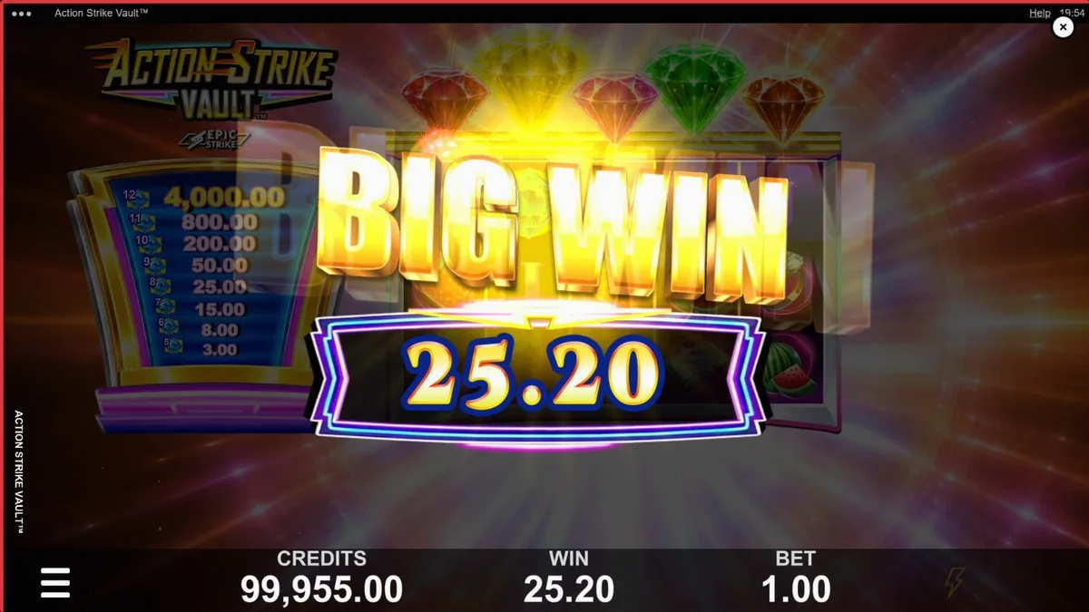 Tampilan visual slot Action Strike Vault dengan latar belakang kosmik neon